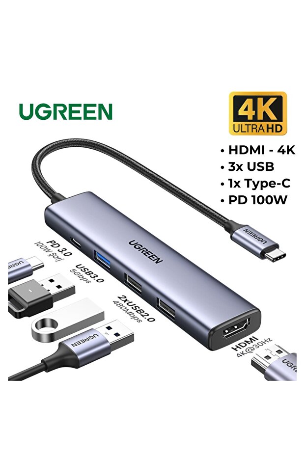 Revedok 5-in-1 Type-C Hub 3Xusb-A, 1Xusb-C Pd 100W, 1X 4K/30Hz HDMI - Gray