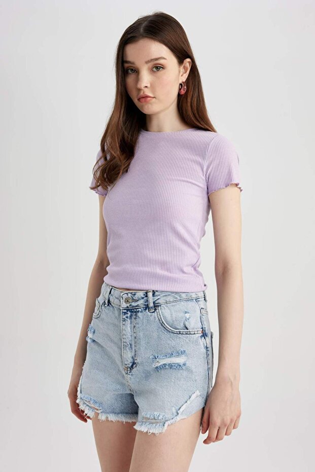 Fitted Crew Neck Ribbed Camisole Basic Plain Short Sleeve T-Shirt K7064Az23Sm