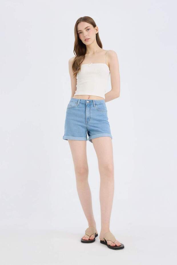 Normal Bel Katlamalı Paça Basic Düz Jean Şort A1959AX23SM - 1
