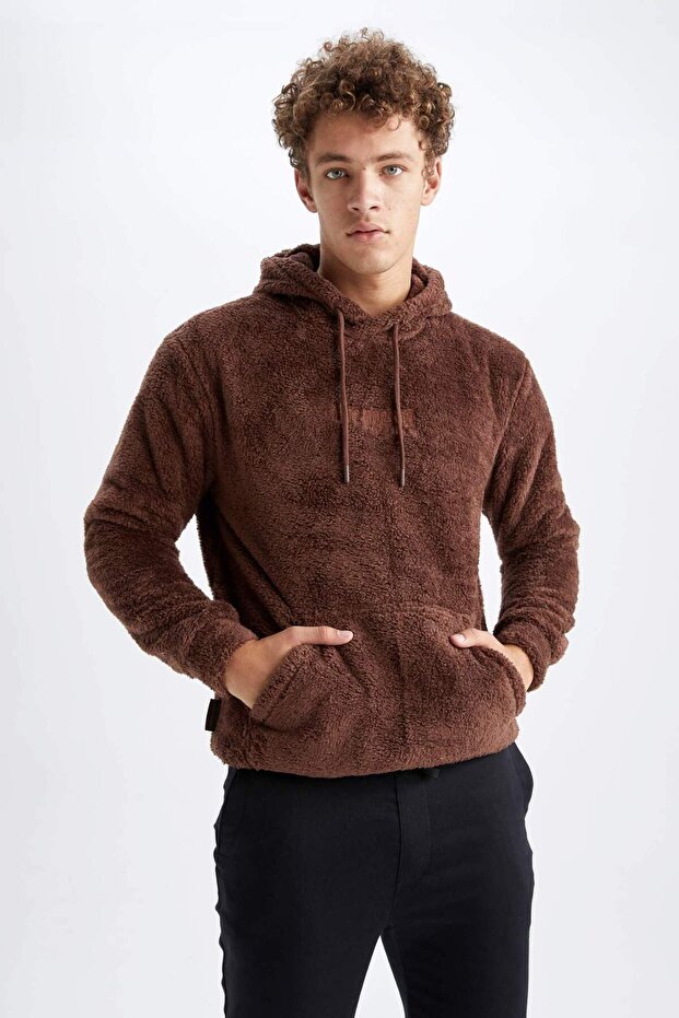 Regular Fıt Kapüşonlu Baskılı Pelüş Sweatshirt Y5556AZ22WN - 1