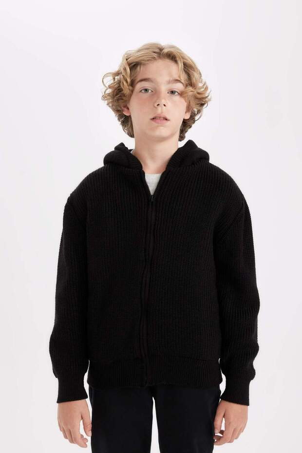 Basic Fleece Lined Hooded Zippered Knitwear Cardigan for Boys U4282A622Au