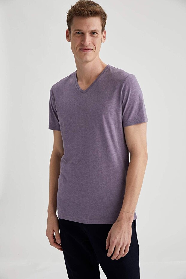 Slim Fit V-Neck Basic βαμβακερό χτενισμένο μπλουζάκι M7669AZ21SP - 1