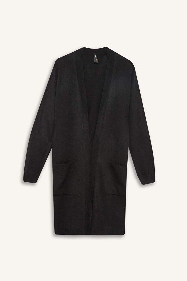 Regular Fit Cep Detaylı Uzun Basic Triko Hırka - 1