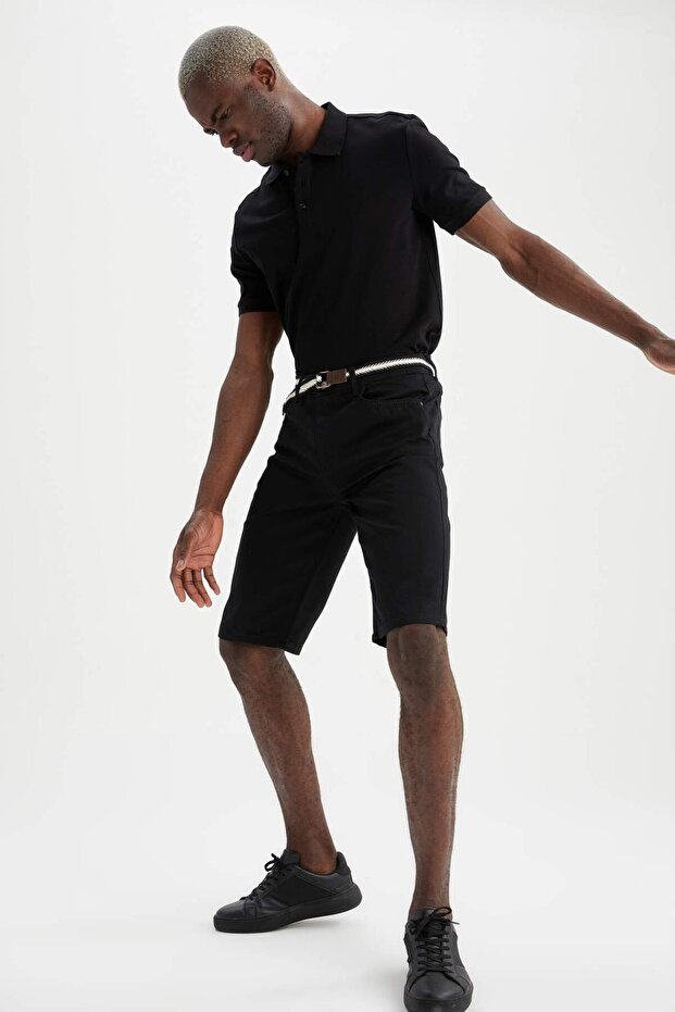 Slim Fit Kemerli Bermuda Şort - 4