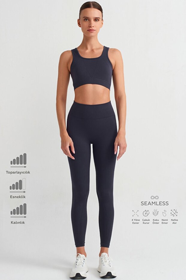 Herringbone Patterned Gathering Tights Dark Navy Blue - 1