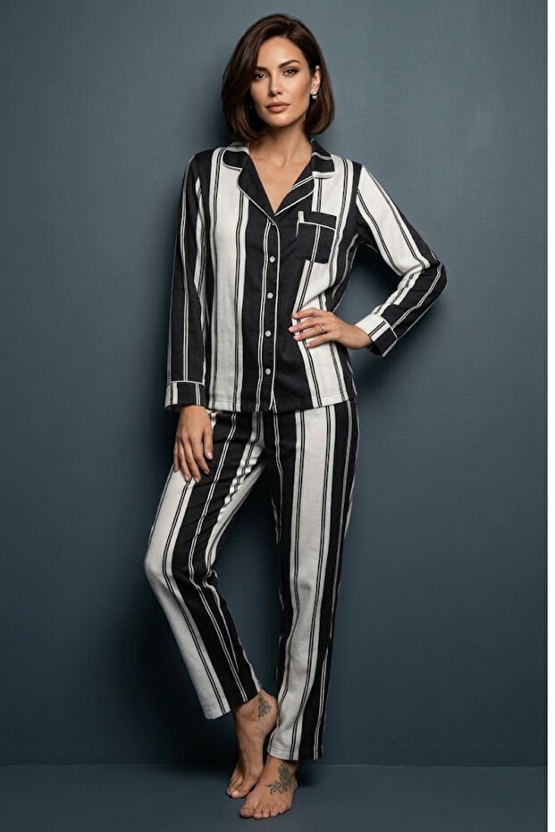 Women's Long Sleeve Satin Pajama Set – Black and White Striped, Shirt Collar, Piped , Winter