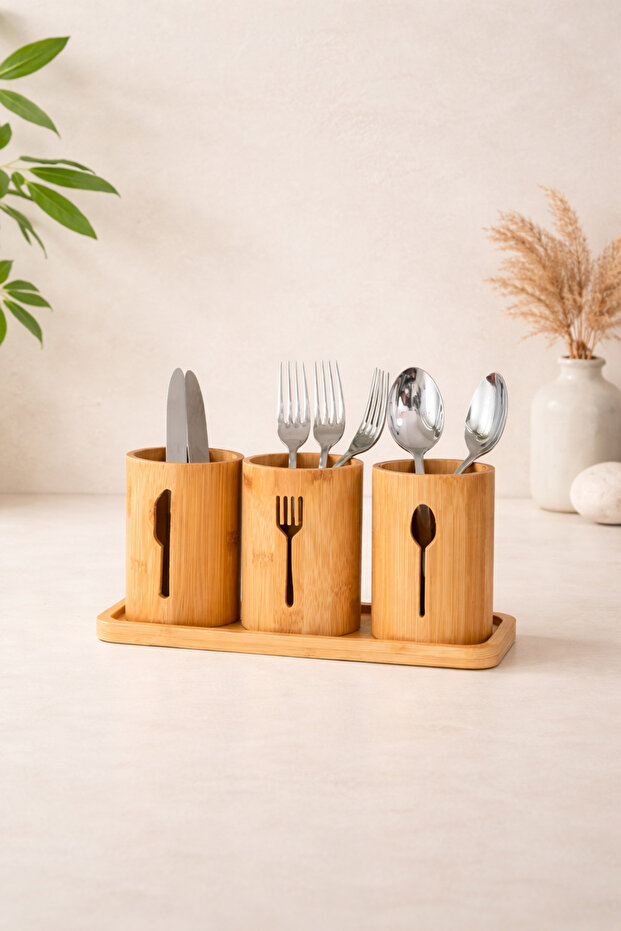 3-Piece Spoon/Fork/Knife Organizer with Bamboo Base