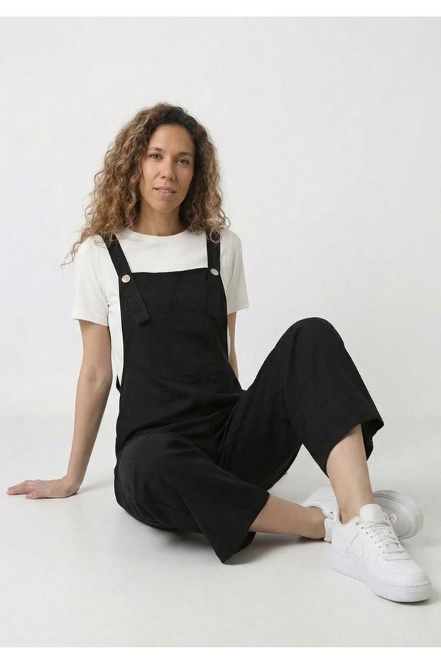 Women's Black Wide Leg Linen Look Gardener Style Comfortable Cut Salopet Jumpsuit