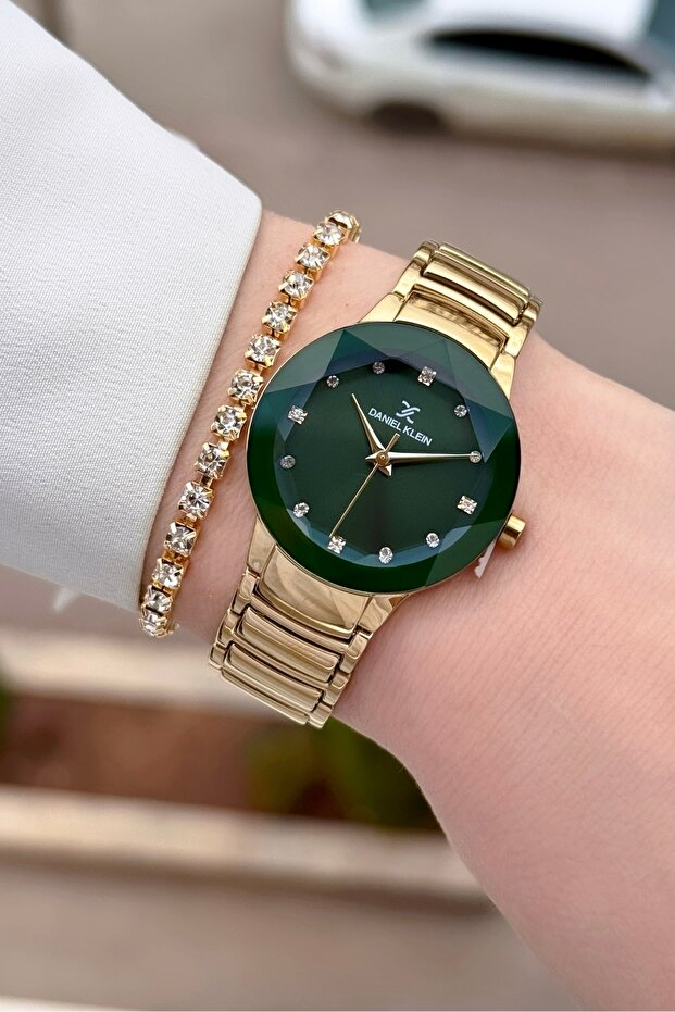 Dial Green Code Gold Color 2 Year Warranty 30 mm Women's Wristwatch and Gift Bracelet
