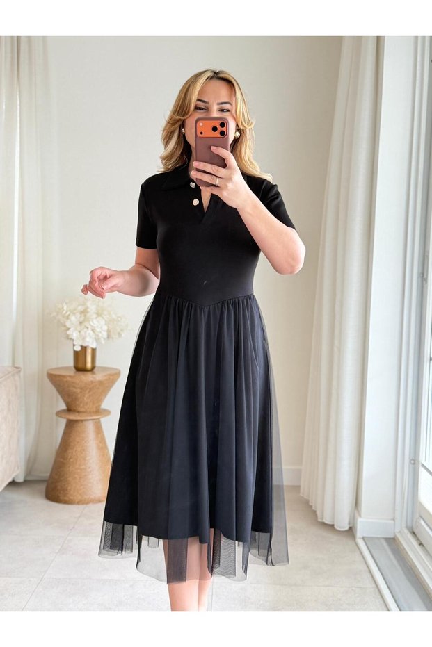 Lunch Lifestyle Women's Skirt Section Extra t Tulle Ü Pola Collar Short Sleeve Medium Length Dress
