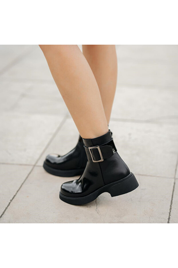 Black Patent Leather Buckle Zippered Boots