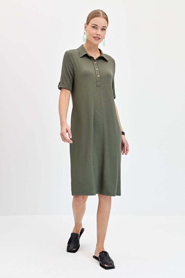 Women's Shirt Collar Combed Cotton Dress Khaki