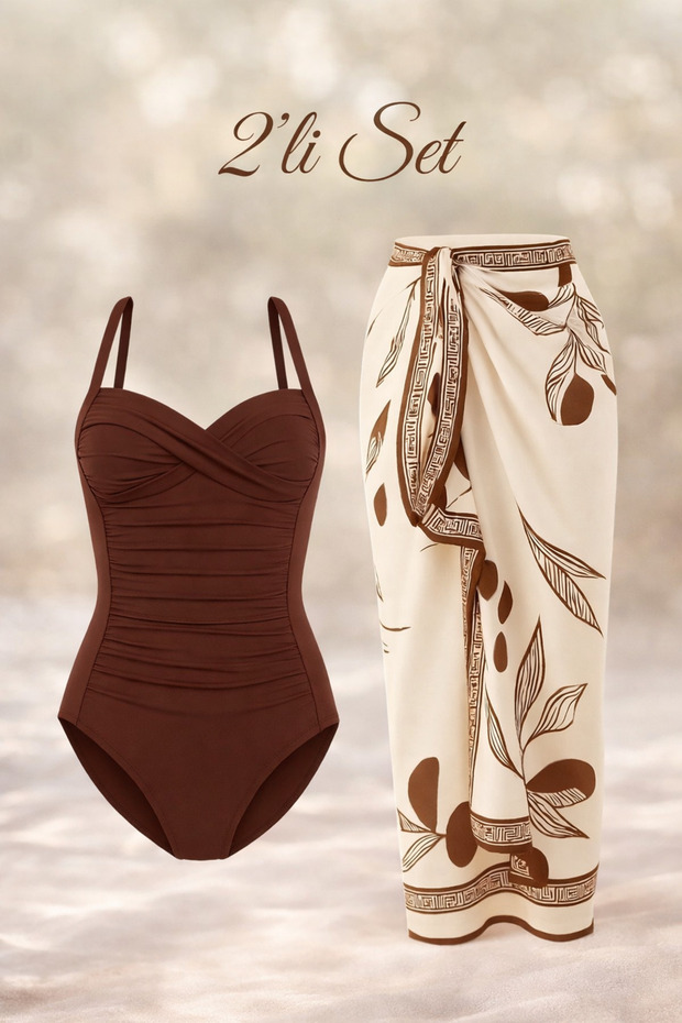 Fridan Drapeli Brown Swimsuit & Pareo Set of 2, Set of Adjustable Strap with Thinning Effect - Pareo (145X90 cm)