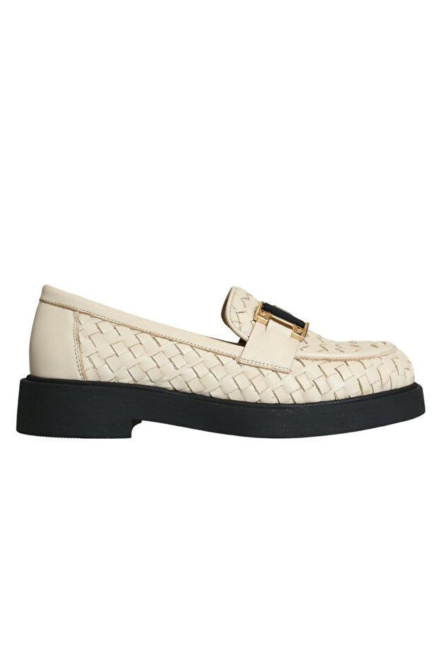 Beige Leather Braided Women's Buckle Loafer