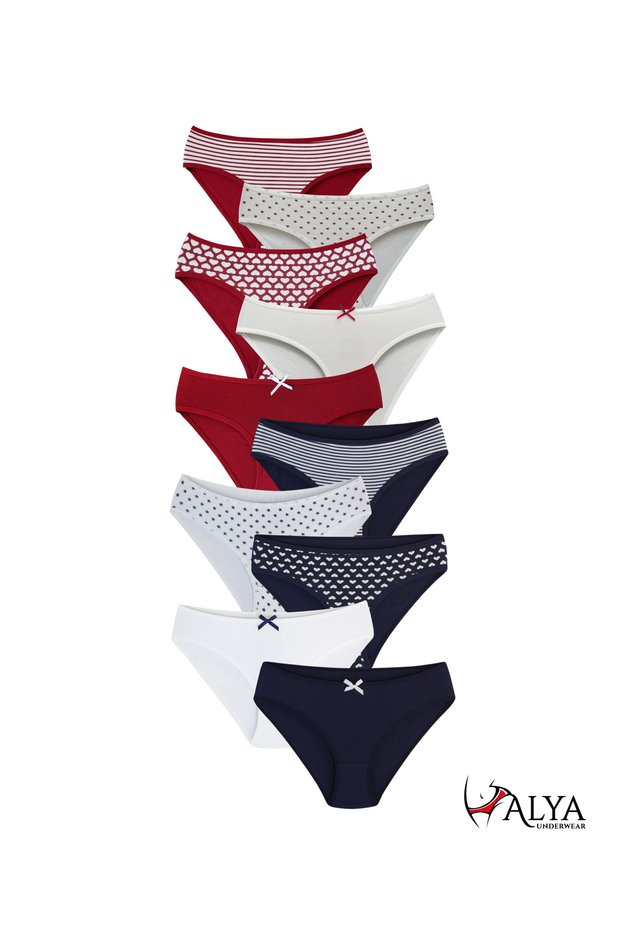 Girl's - Waiter Cotton Fabric Colored Slip Panties 10 Pack - 5 Pcs. Bordo, 5 Pieces. Navy Blue - X29
