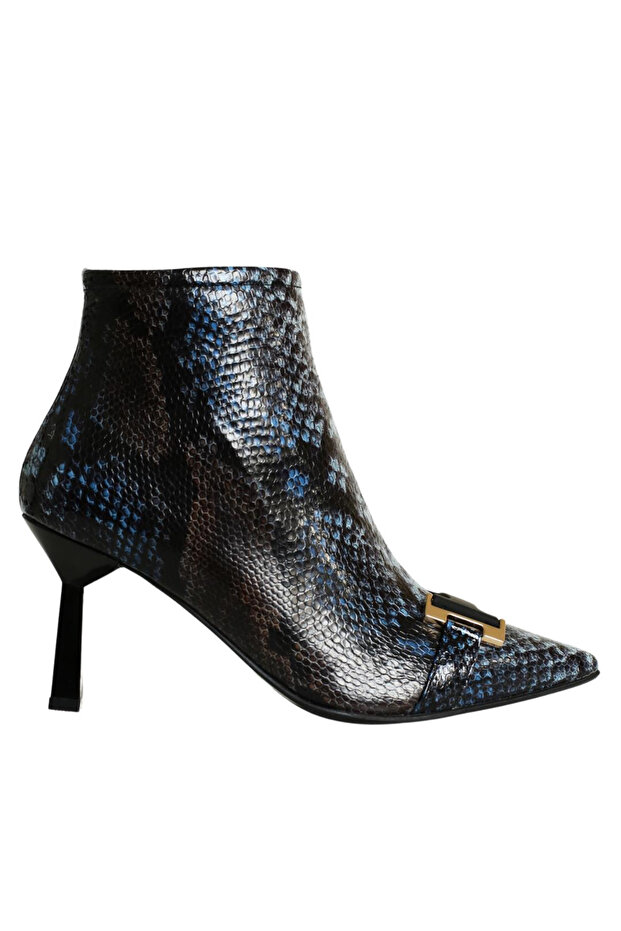 Multi Navy Blue Women's Buckle Detailed Heeled Boots
