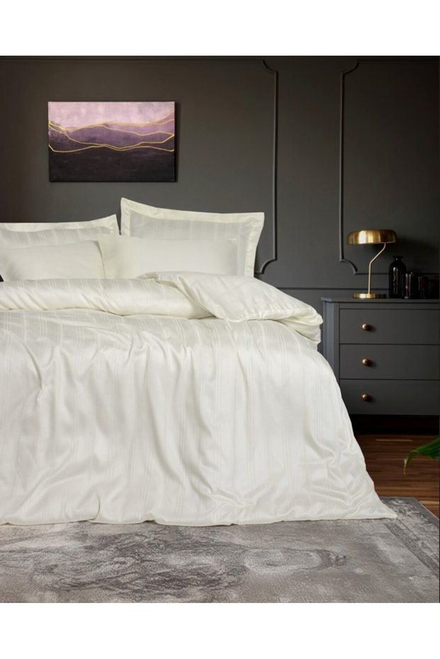 Double Smart Stripe Bamboo Satin Duvet Cover Set Ecru