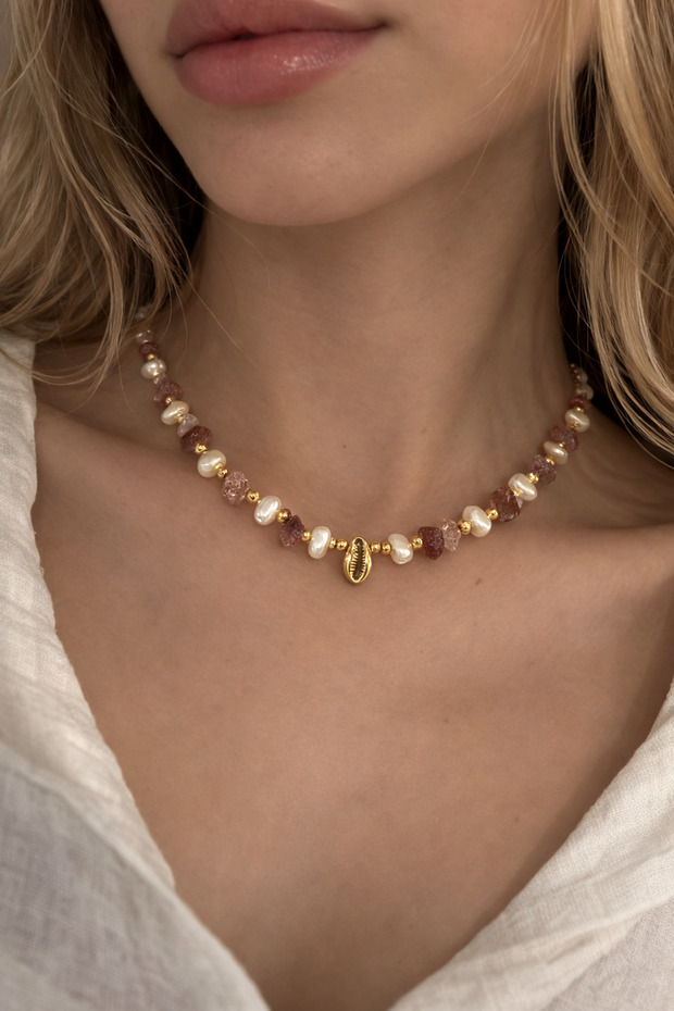 Natural Stone and Pearl Detailed Necklace – Figure Tip, Handmade Design