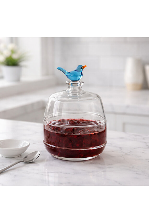 Handmade Glass Jam Bowl & Sugar Bowl with Blue Bird Figure and Lid