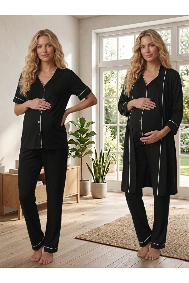 New Season Black Summer Piped Full Button Design Short Sleeve Maternity Maternity Dressing Gown Pajama Set