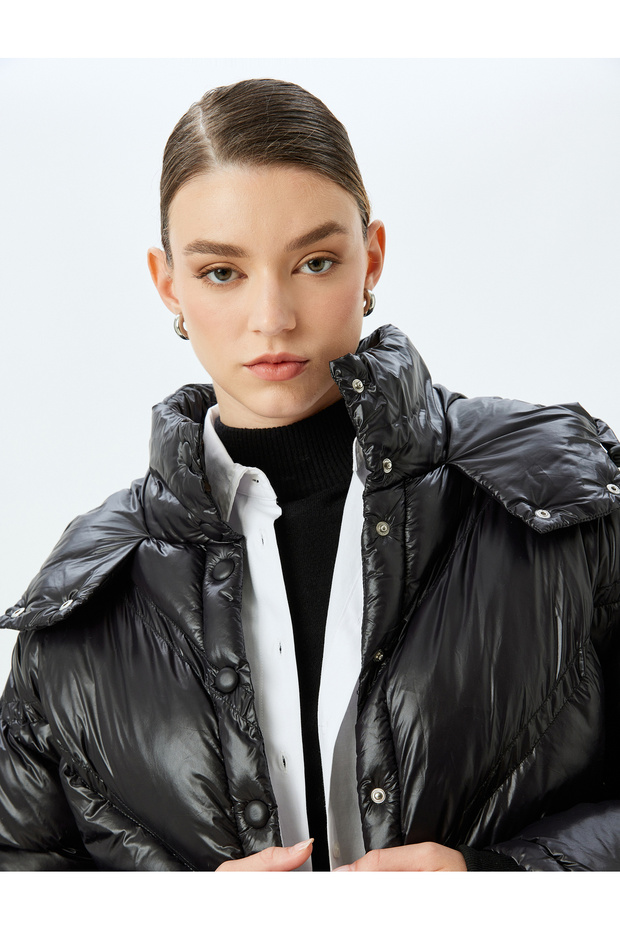 Shiny Quilted Hooded Crop Puffer Coat with Snap Button Closure Pockets