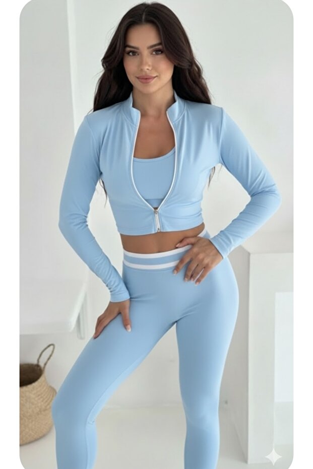 Markasız ucuz Kadın 3’lü Spor Takım – Yüksek Bel Tayt, Büstiyer, Uzun Kol Crop Fitness Yoga Set