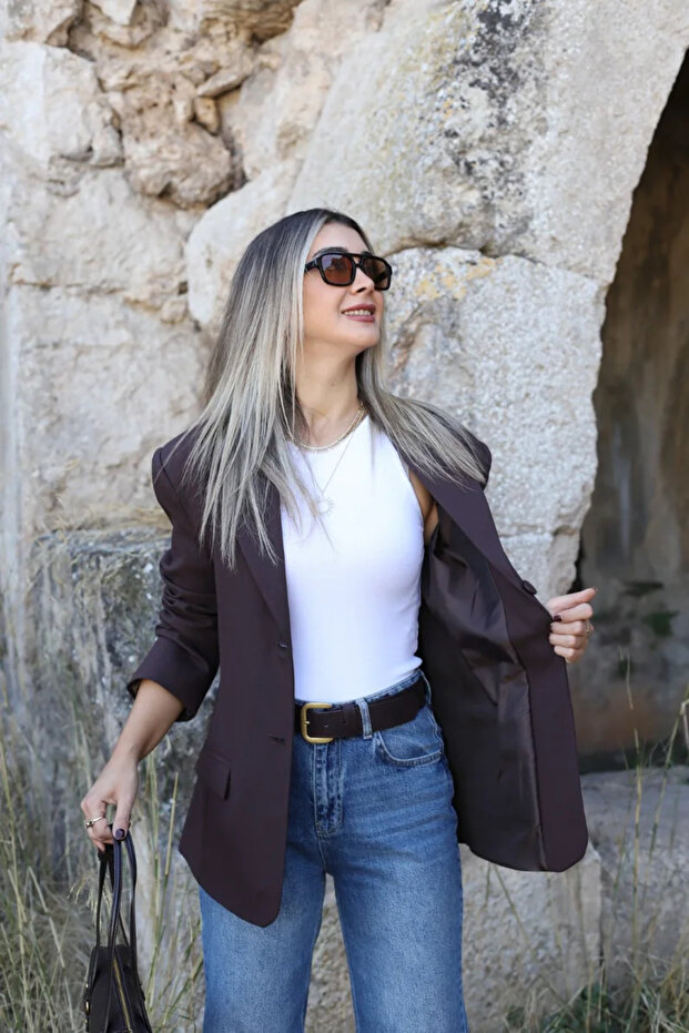 سترة بليزر بني قصة فضفاضة من البولي فيسكوز - 2