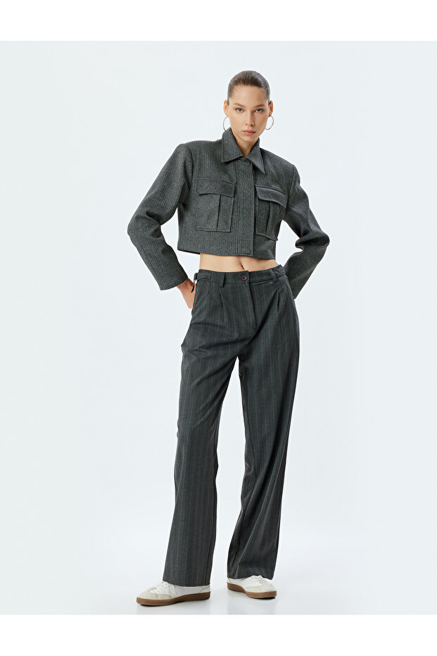 Fabric Trousers, Straight Leg, Standard Waist, Buttoned Belt Detail, Viscose Blend