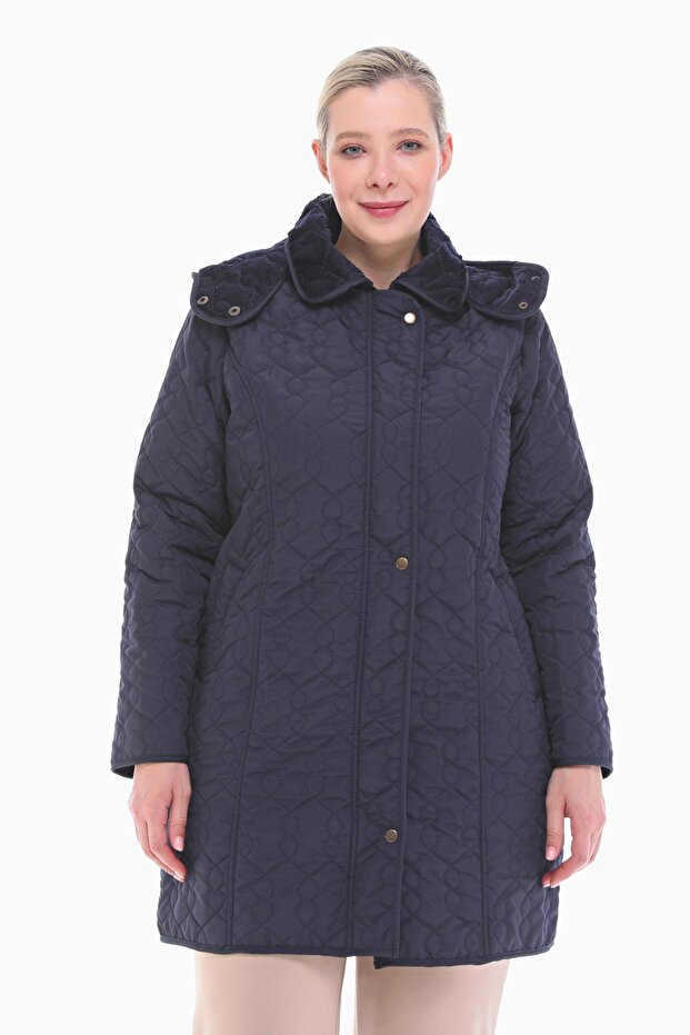 Women's Plus Size Hooded 75 cm Navy Blue Quilted Coat 1014