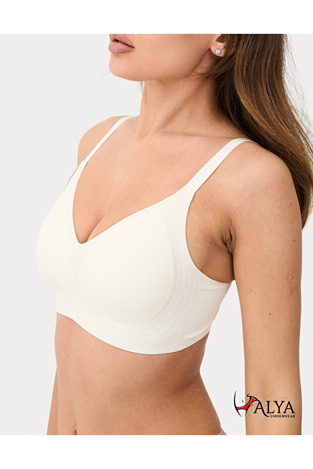 Woman # Izbırakmaz Seamless Invisible Bra Without Underwire Laser Cut Removable Padded Ghost Bra Ecru - 2278