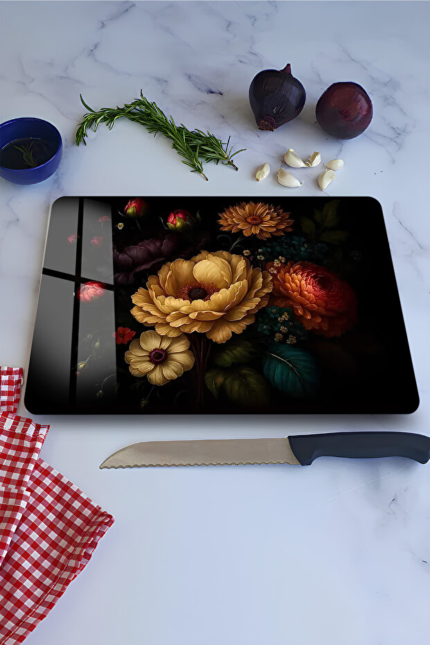 Flower Pattern on Black Background Tempered Glass Cutting Board 21X30 cm Size Uv Printing - Ckt026