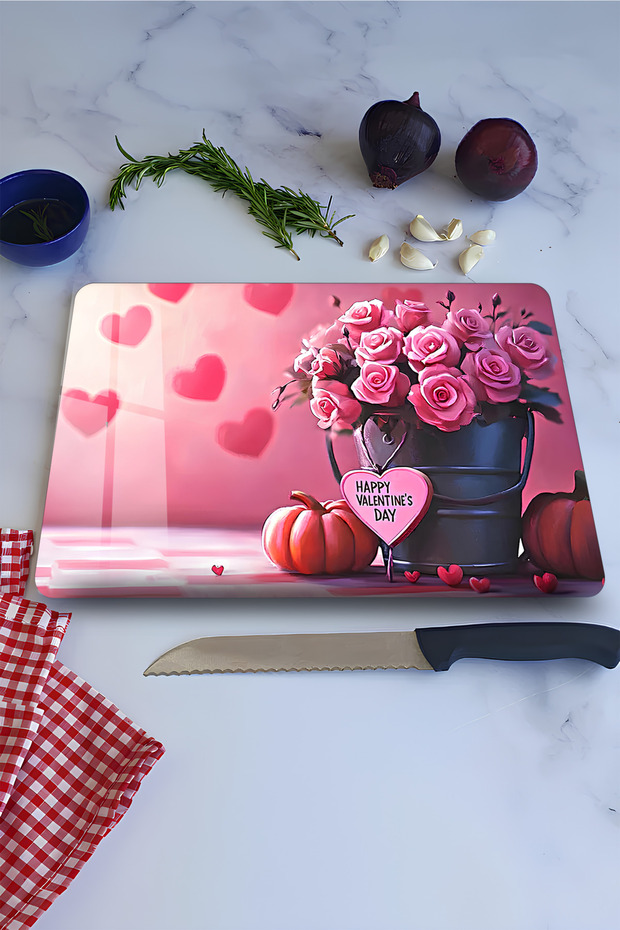 Pink Rose Bouquet and Heart Pattern Tempered Glass Cutting Board 21X30 cm Size Uv Printing - Ckt100