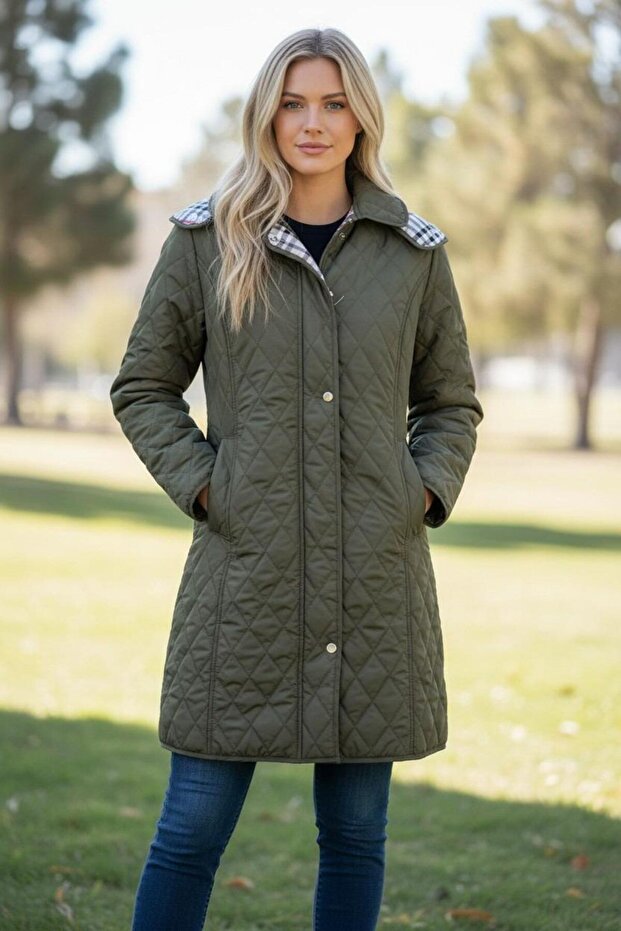 Women's Large Size Plaid 95 Cm Seasonal Khaki Quilted Coat 1040