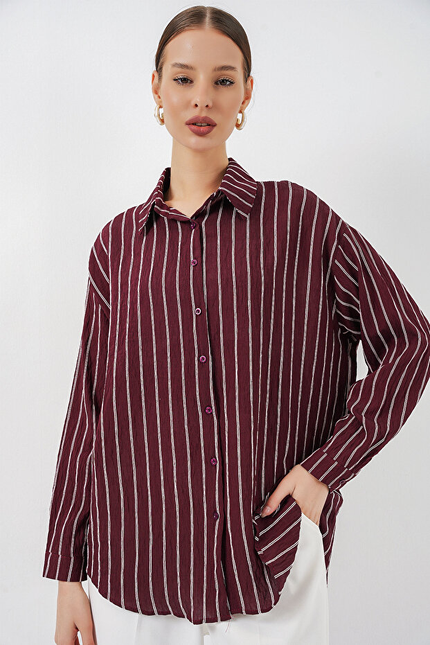 Women's Striped Oversize Shirt 20293 - Claret Red