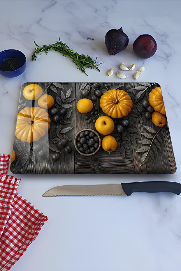 Tempered Glass Cutting Board – Yellow Pumpkin and Fruit Pattern Uv Printing 21X30 cm - Ckt105