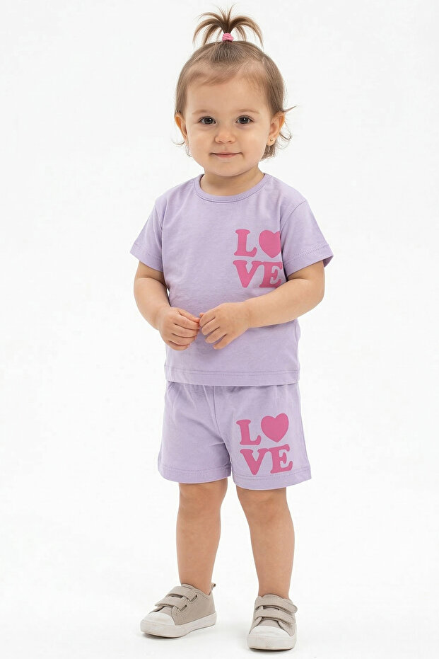 Baby Girl Lilac Pink Love Printed 2-Piece Set with Shorts