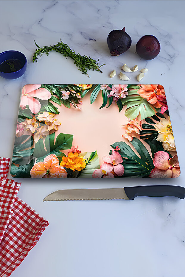 Tempered Glass Cutting Board – Colorful Tropical Floral Pattern Uv Printing 21X30 cm - Ckt104