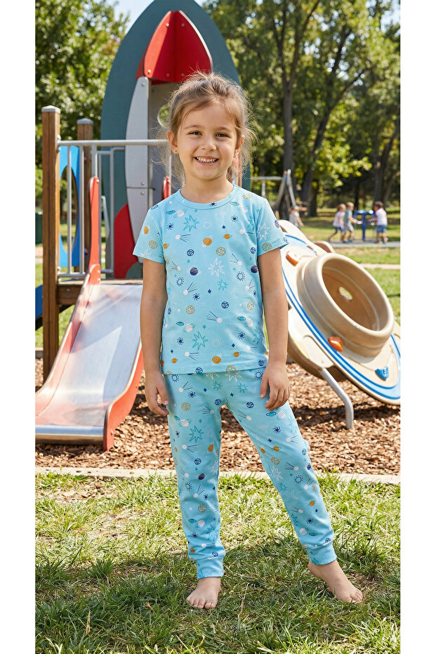 Short Sleeve Patterned Children's Pajama Set # Printed Children's Pajama Set # Galaxy Patterned Pajamas # Laundry Room