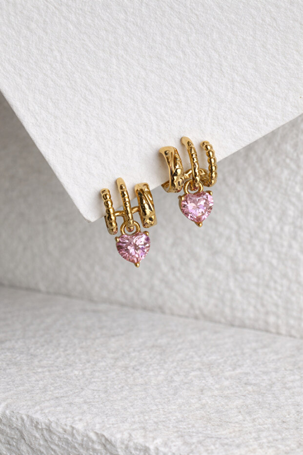 Steel Rose Gold Three Rows Look Pink Color Crystal Stone Heart Amalthia Earrings -No Tarnish-