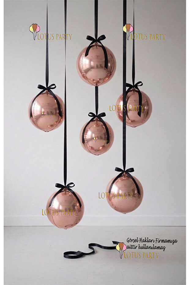 Rose Globe Balloon - Shiny Globe Balloon - Hanging Globe Balloon Set - Rose Globe Black Ribbon