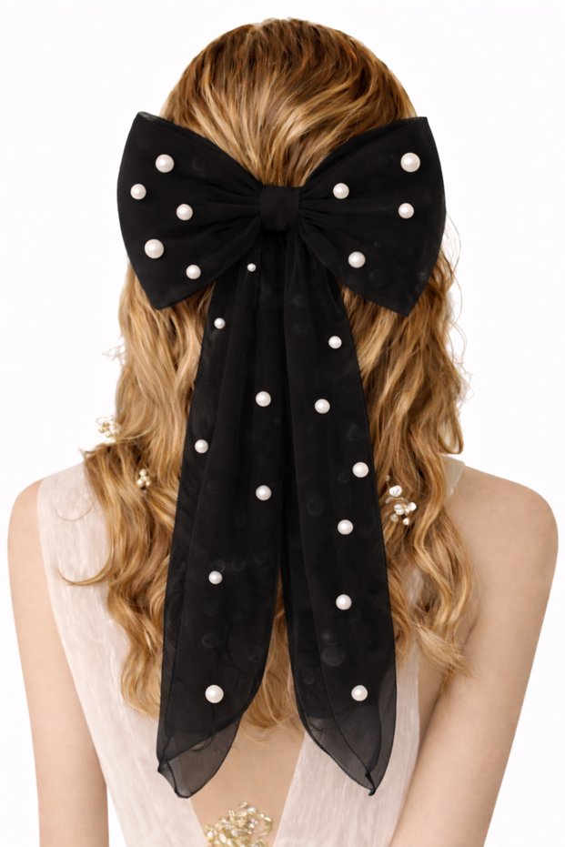 Scalloped Hair Clip with Pearls F Bow Detail Black Hair Clip