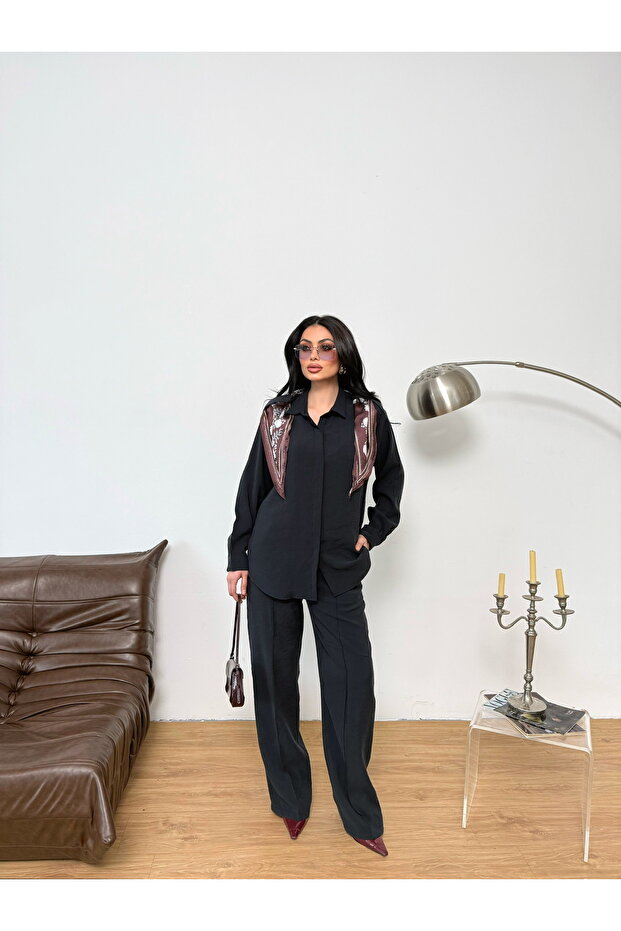 Women's Shawl Detailed Shirt and Pants Set