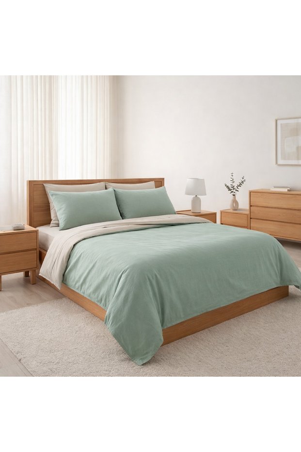 Fitted Sheet 100% Cotton Double Double Color (Green/Beige) Duvet Cover Set