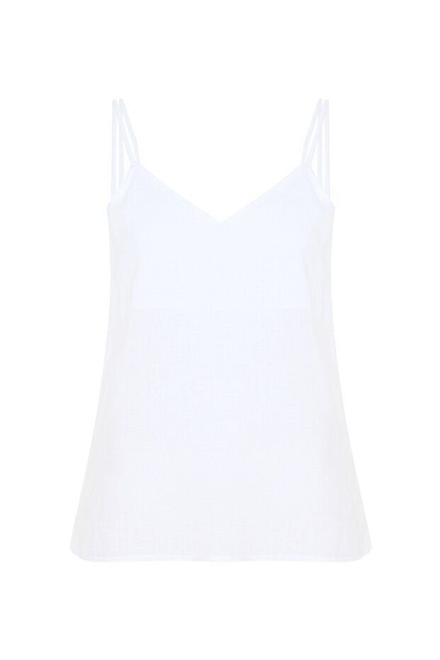 Women's White V-Neck Sleeveless Linen Blouse