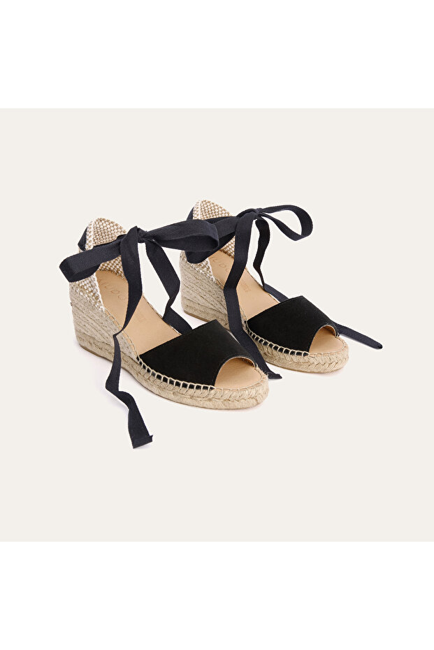 Women's Black Wedge Heeled Suede Leather Sandals