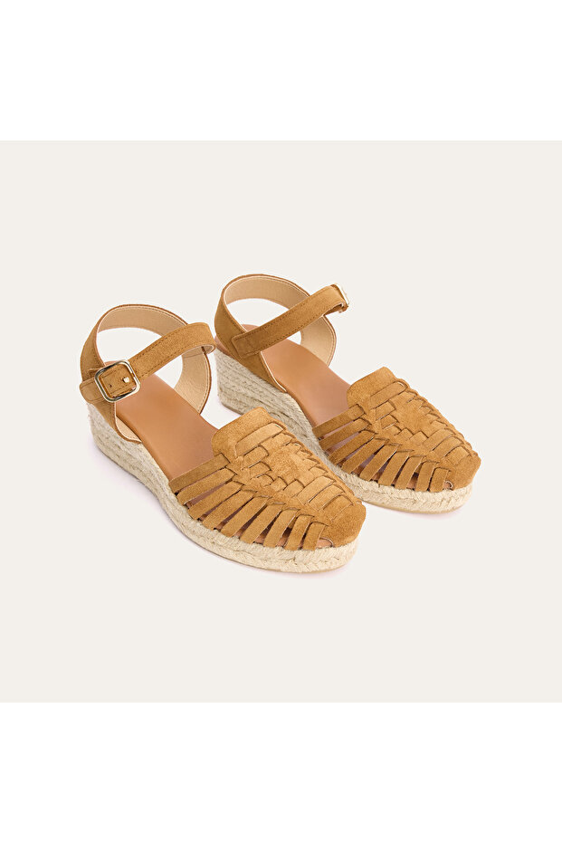 Women's Tan Color Wedge Heeled Suede Leather Sandals