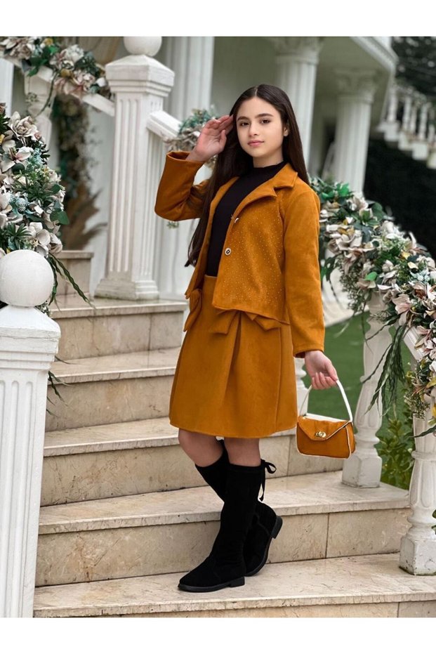 Girl's Stone Detailed Suede 4-Piece Set - Stone Jacket - Bowknot Skirt - Bodysuit - Bag 4-Piece Holiday Set