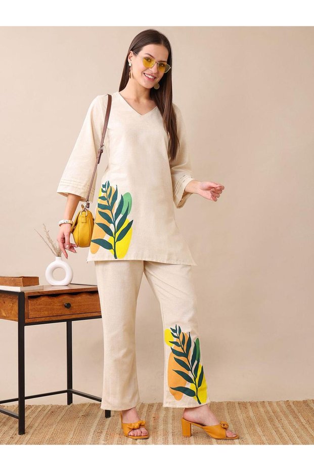 Premium powder white or light beige colour 2pc co-ord set / with ethnic prints for women