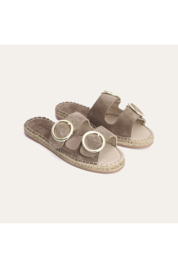 Women's Mink Color Double Buckle Suede Textured Slippers