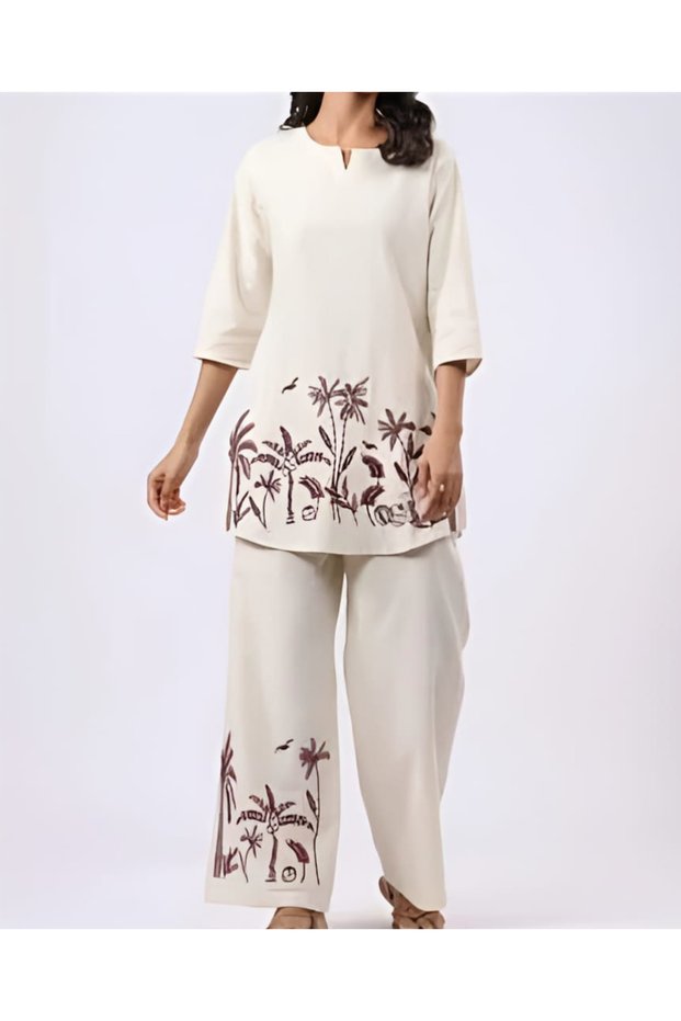 Premium cotton powder white or light beige colour 2pc Co-ord set / co ord set with prints for women